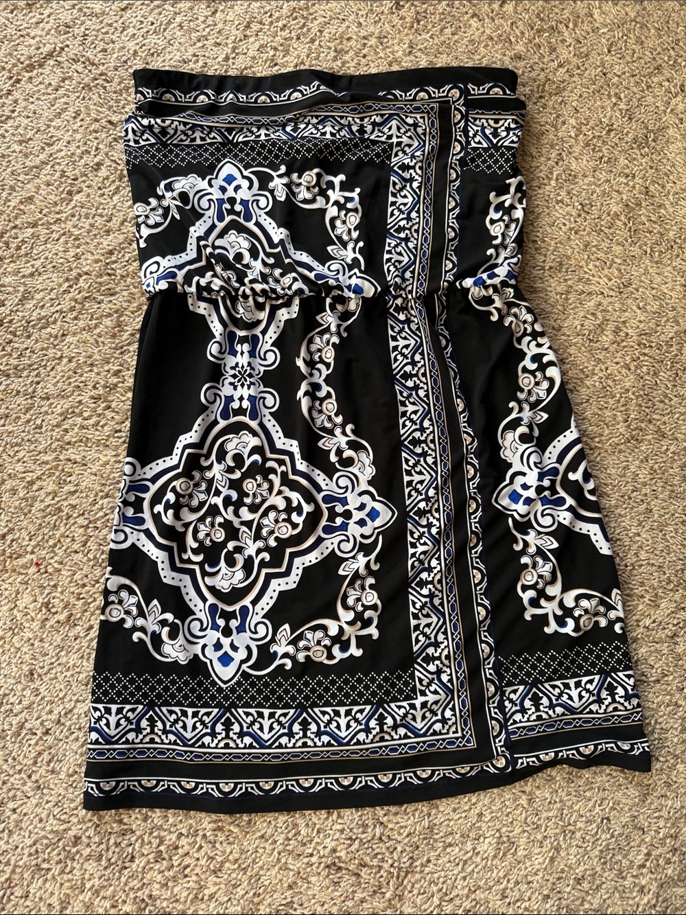 White House Black Market Black Strapless Dress with White & Blue Print